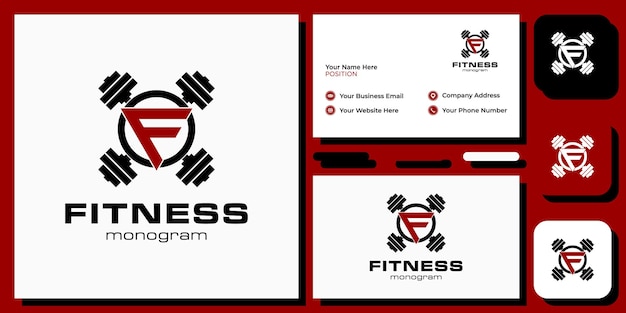 Fitness symbol initial letter font barbell circle with business card template