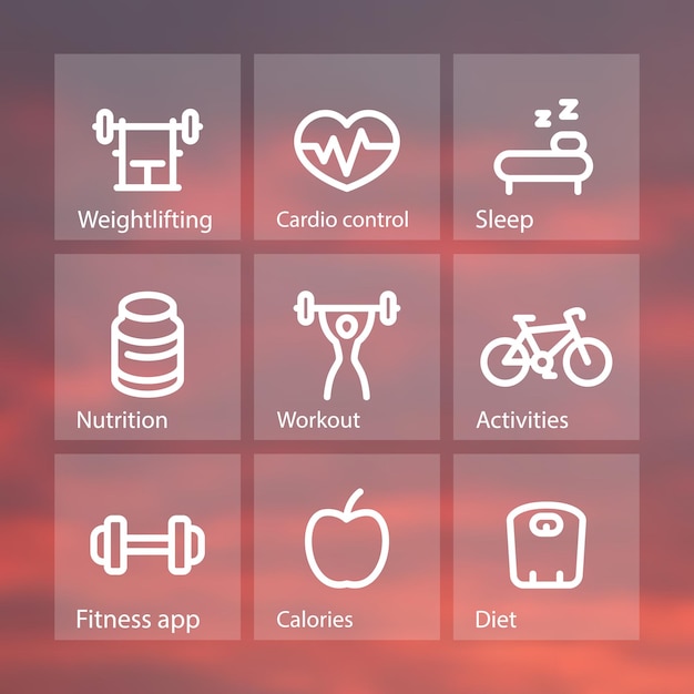 Vector fitness thick line icons, fit and active lifestyle, strength training, workout, fitness icons on transparent squares, vector illustration