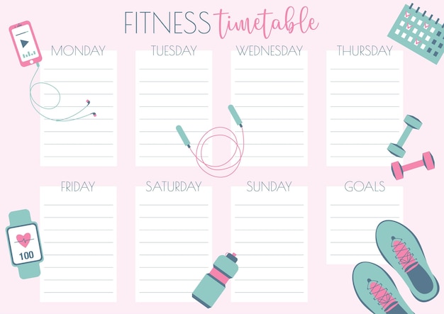 Fitness tijdschema Wekelijks schema sjabloon Gym planner Vector Gezonde levensstijl