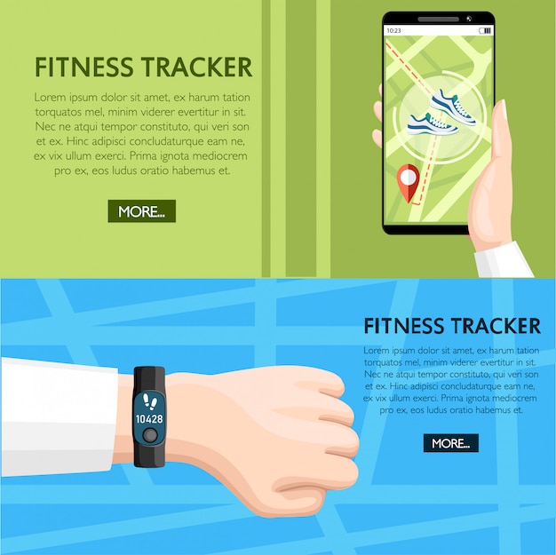 Fitness tracker concept. sport bracelet on hand. smartphone mobile app shows way. wristband with steps counter.  illustration on background texture. place for your text. website page