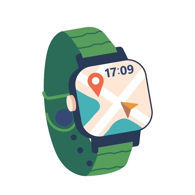 fitness tracker with map navigator application and time on display screen smart watch device on green silicone bracelet