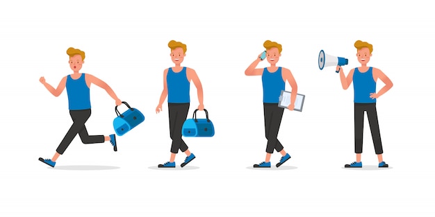 Fitness trainer characterdesign. man gekleed in sportkleding.