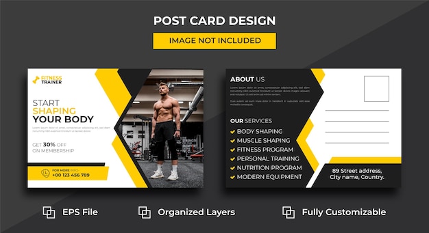 Fitness trainer or gym master postcard design template