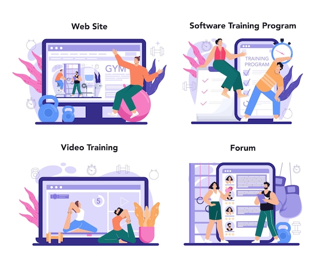 Vettore servizio online di fitness trainer o piattaforma di allenamento in palestra