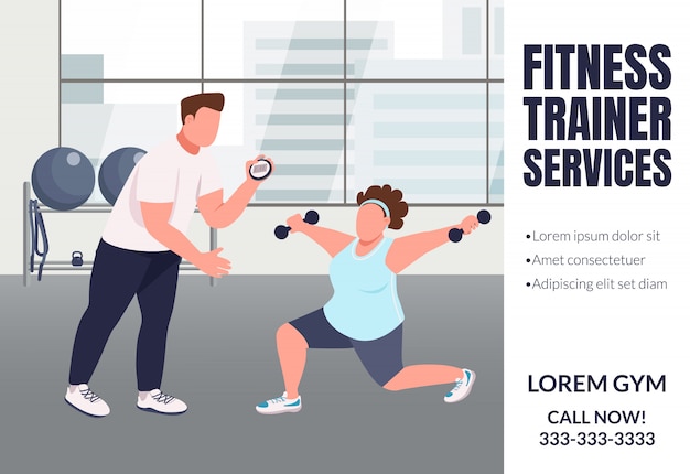 Vector fitness trainer services banner flat template