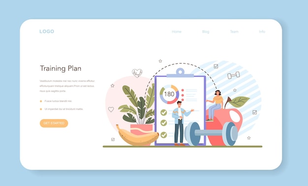 Веб-баннер или целевая страница фитнес-тренера. Тренировка в тренажерном зале с профессиональным спортсменом. Здоровый и активный образ жизни. План тренировок и питания. Плоские векторные иллюстрации