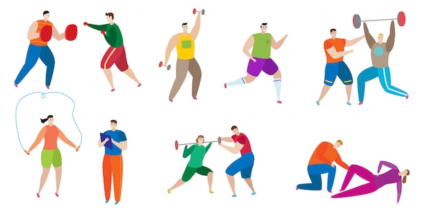 Allenamento dell'istruttore di forma fisica con la gente sull'illustrazione disegnata a mano di sport del carattere isolata.