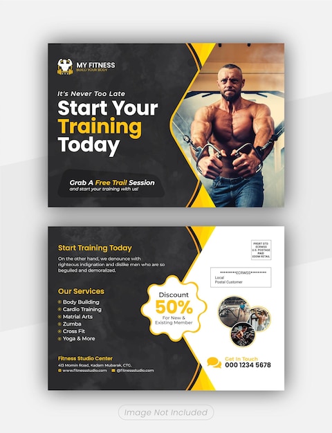 Vector fitness training center postkaart en direct mail eddm sjabloon