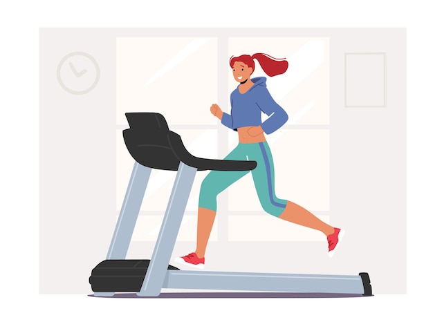 Fitness training in gym. athletic woman running on treadmill. beautiful young girl character in sportswear exercising to be slim. healthy lifestyle, active sport life. cartoon vector illustration