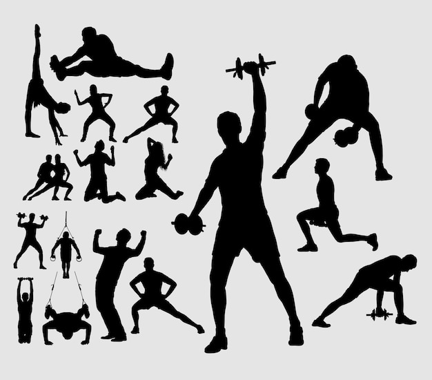 Fitness, training, lichaamsbeweging, dans en aërobe mannelijke en vrouwelijke sportsilhouet