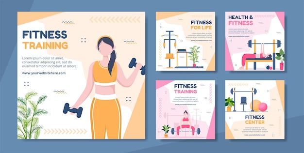 Fitness Training Social Media Ig Post Template Hand Drawn Cartoon Flat Illustration