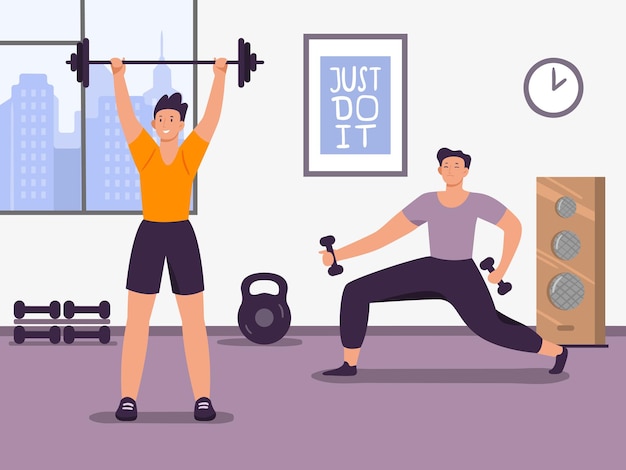 Vector fitness training workout and exercise in gym