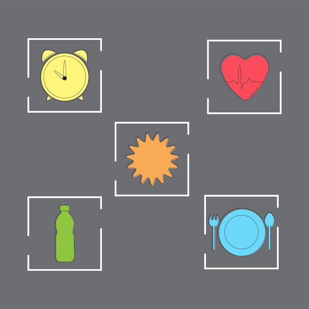 Fitness vector icons Healthy lifestyle items clock food heart calendar water sun