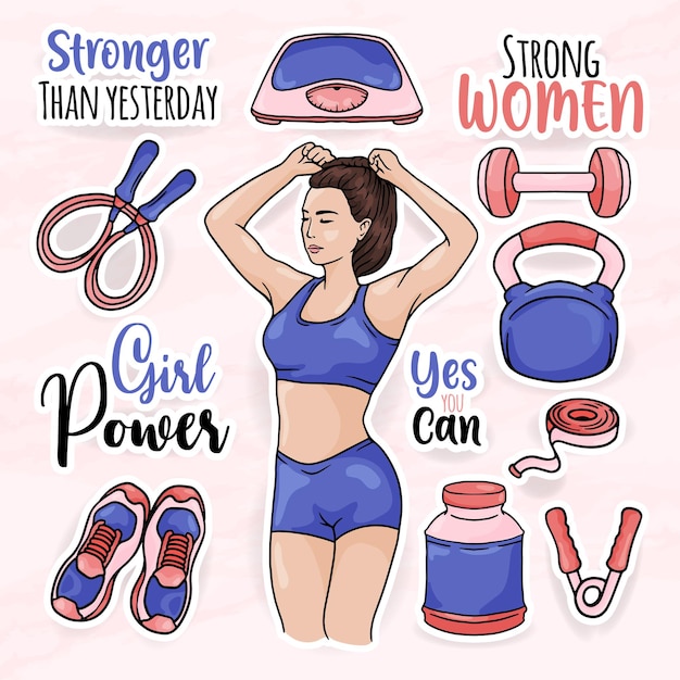 Vector fitness vrouwen sticker clip art collecties set met meisje gym apparatuur