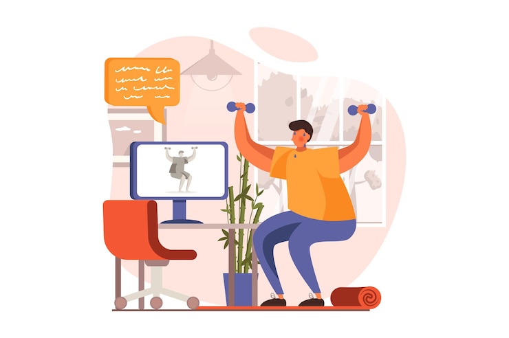 Vector fitness web concept in flat design man in sports uniform does strength exercises with dumbbell