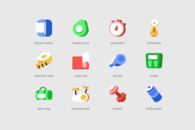 Фитнес веб-иконок в плоском дизайне