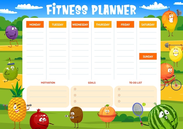 Fitness weekly planner cartoon fruits sportsmen