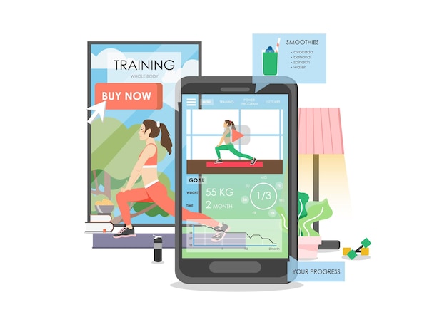 Fitness and weight loss mobile app vector flat illustration