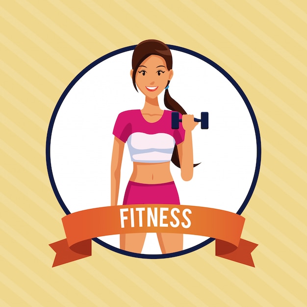 Fitness woman cartoon in round icon with ribbon banner 