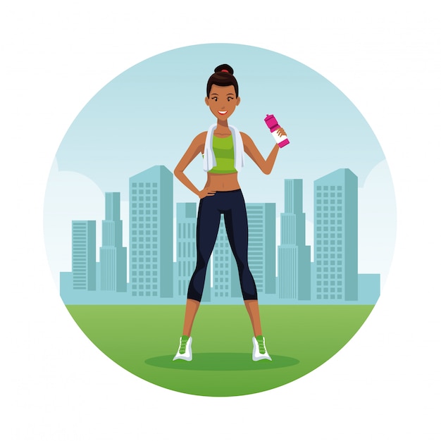 Fitness woman at city round icon cartoon