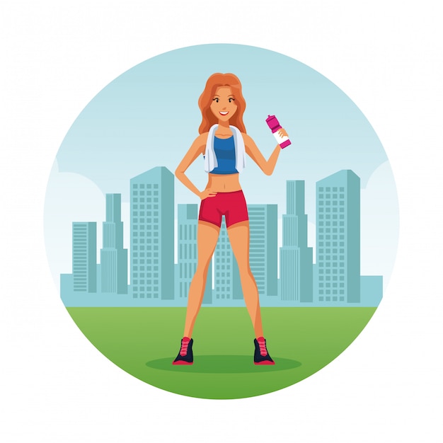 Fitness woman at city round icon cartoon 