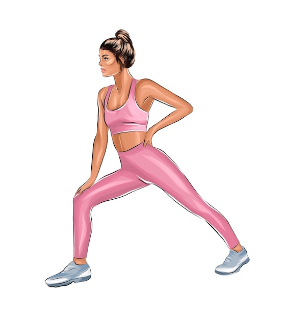여러 가지 빛깔의 물감 스플래시에서 스트레칭 운동을 하는 피트니스 여성
