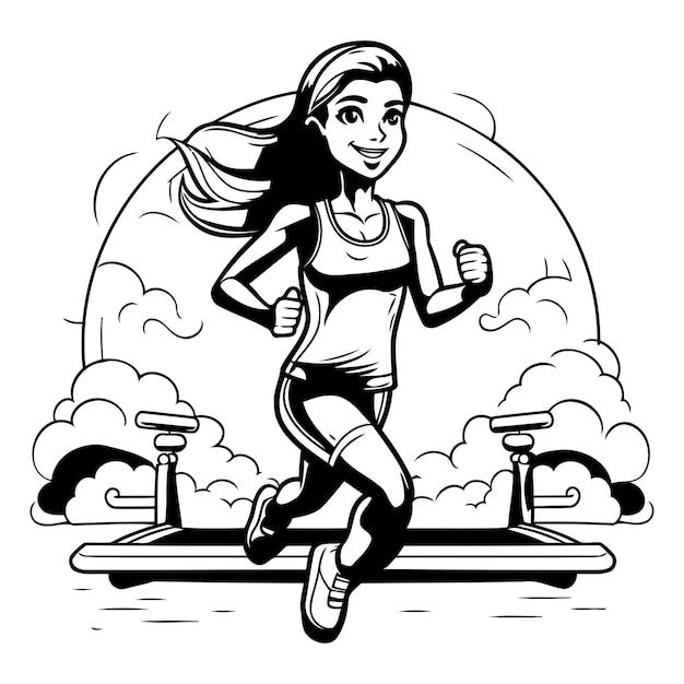 Vector fitness woman running on a treadmill black and white vector illustration