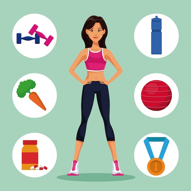 Fitness woman with sport round symbols