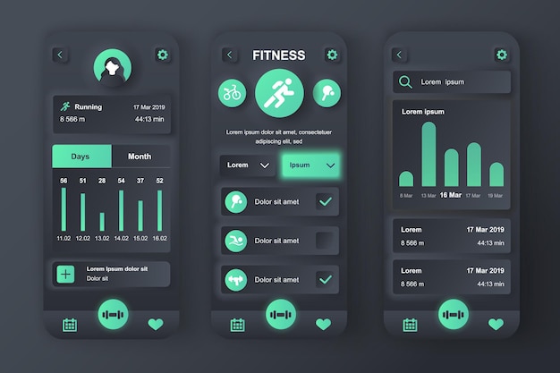 Vector fitness workout concept neumorphic templates set daily running tracker ui ux gui screens