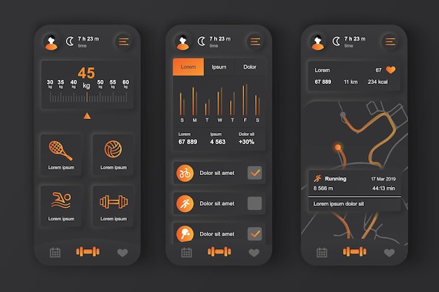 피트니스 운동 개념 뉴모픽 템플릿은 스포츠 활동 추적기 UI UX GUI 화면을 설정합니다.