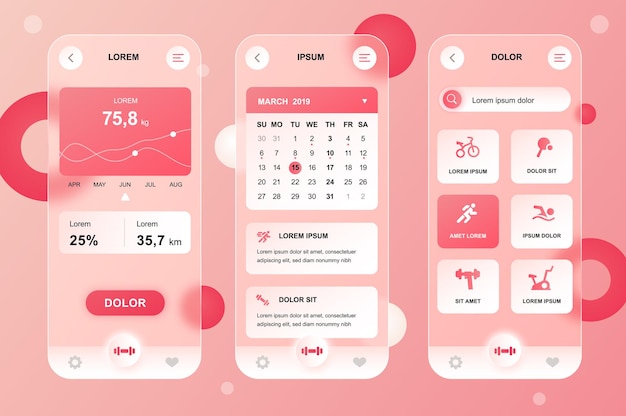 Фитнес-тренировка набор нейморфных элементов стекломорфного дизайна для мобильного приложения UI UX GUI screen set