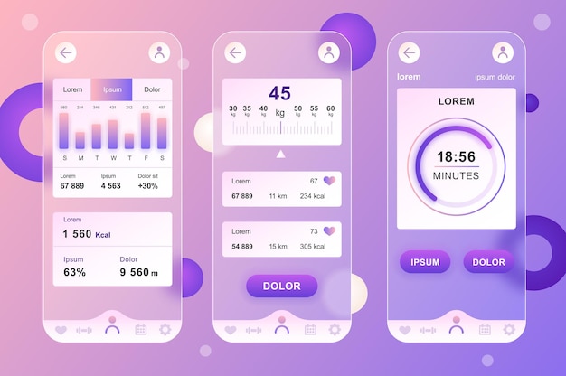 모바일 앱 UI UX GUI 화면 세트 용 피트니스 운동 글래스 모픽 디자인 뉴 모픽 요소 키트