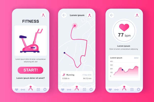 Kit rosa neomorfo unico per allenamento fitness per app mobile. fitness tracker con pianificatore di percorso in esecuzione e cardiofrequenzimetro. interfaccia utente sportiva, set di modelli ux. gui per un'applicazione mobile reattiva.