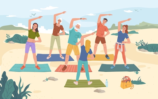 Fitness yoga pilates classes training on beach
