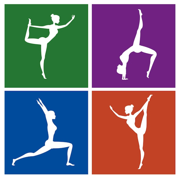 Silhouette di posa fitness o yoga impostata su sfondi di colore diverso illustrazione vettoriale d'archivio