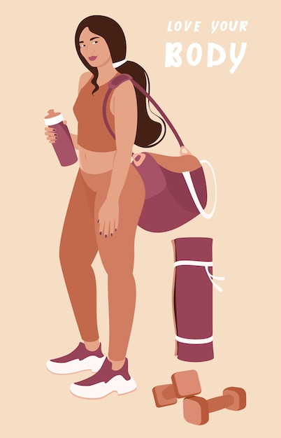 スポーツバッグとウォーターボトルのフィットネス若い女性ジムのトレンディなベクトルフラットイラスト