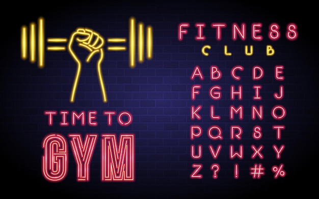 Fitnessclub bord met neon alfabet