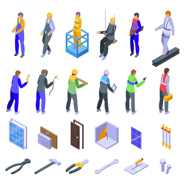 Fitter icons set isometric vector Service people Helmet repair