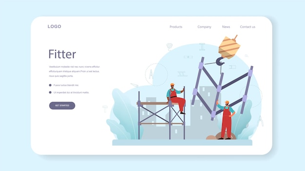 フィッターまたはインストーラーのWebバナーまたはランディングページ。建設現場の産業ビルダー。道具や材料で家を建てるプロの労働者。