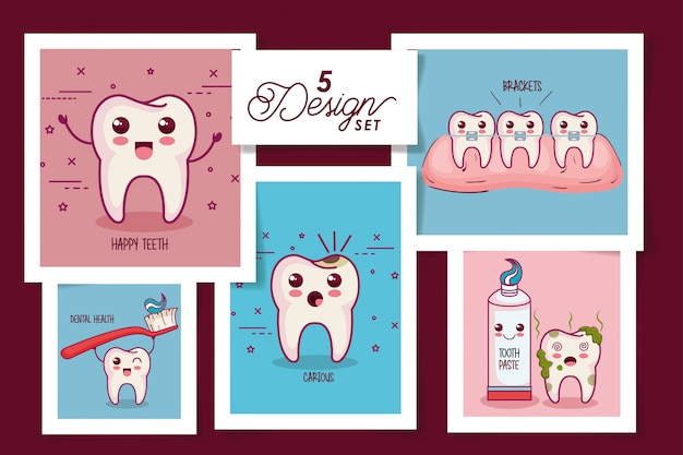 Five cards dental health icons