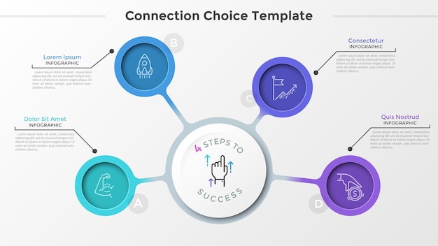 Five circular elements with thin line icons inside connected to central paper white circle. business strategy scheme with 4 steps or options. creative infographic design layout. vector illustration.