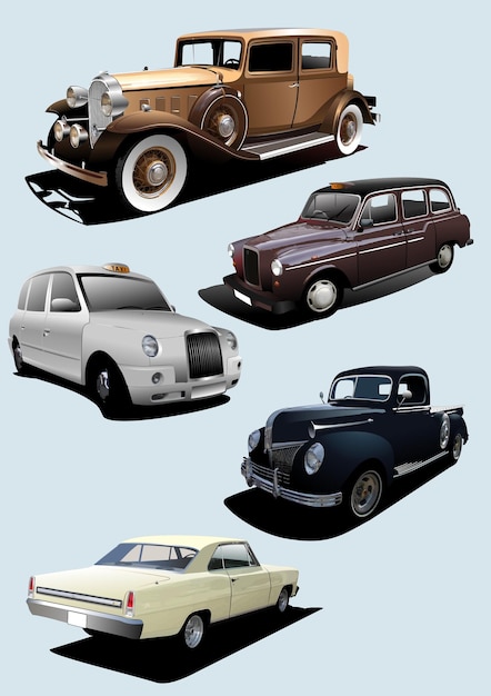 ヴィンテージタクシー・ピックアップ・トラックとクーペ・モデルを含む5台のクラシックカーが自動車デザインの進化を展示しています
