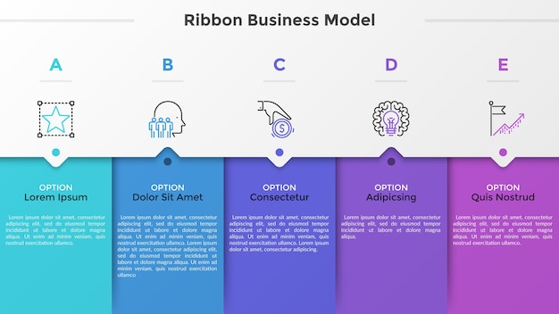 5つのカラフルな長方形の要素、細い線のピクトグラム、ポインター、テキストボックス。 5つの連続したステップを持つ矢印ビジネスモデルの概念。モダンなインフォグラフィックデザインテンプレート。ベクトルイラスト。