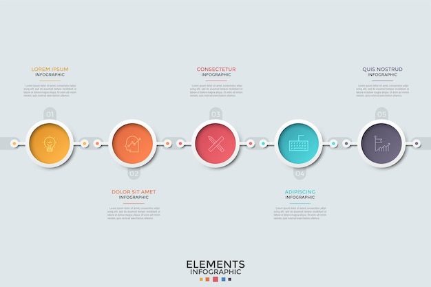 Five colorful round elements with linear symbols and numbers arranged into horizontal row or timeline. concept of 5 successive steps of development. infographic design template.