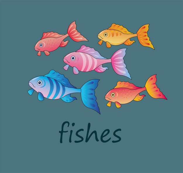 Five colorful sea fish on a dark blue background
