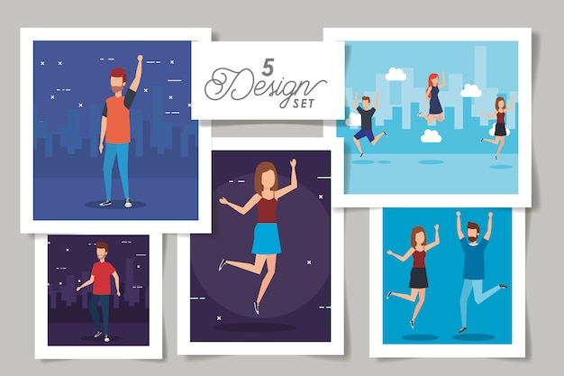 Five designs of people celebrating