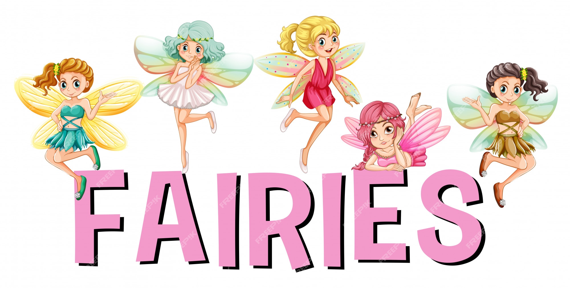 Premium Vector | Five fairies flying over the word Premium Vector | Five fairies flying over the word