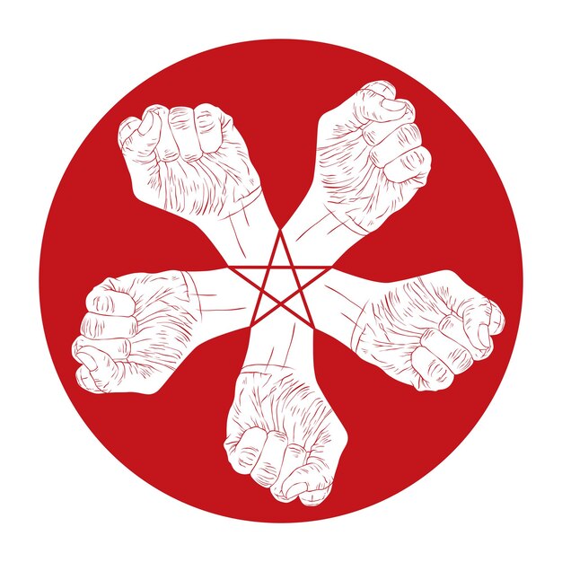 Vector five fists abstract symbol with five point star black and white vector special emblem with human hands