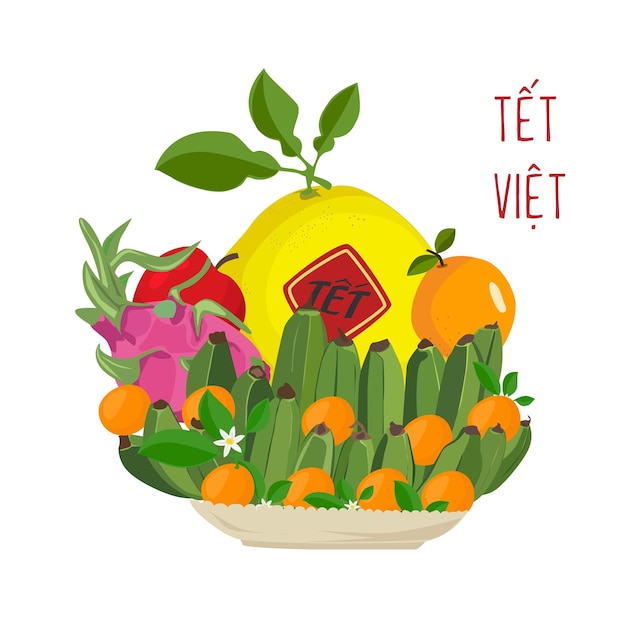 Cinque vetrine di frutta vetrina di frutta nell'anno nuovo tradizionale vietnamita vetrine di cinque frutta visualizzate su t