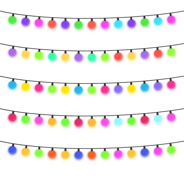 Five garlands with multi-colored light bulbs on a white background. Vector illustration.